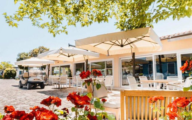 Un patio con sedie, tavoli e ombrelloni bianchi, circondato da rose rosse e alberi.