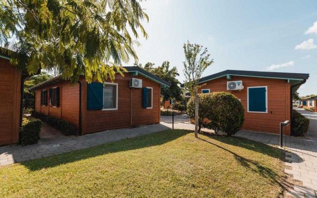 Due bungalow in legno con finestre blu, circondati da alberi e prati soleggiati.