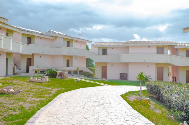 Viale alberato tra edifici di un complesso residenziale.