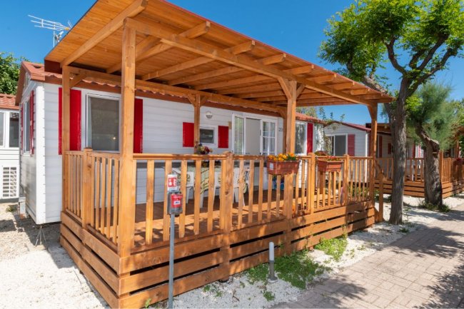 Chalet in legno con veranda e piante fiorite.