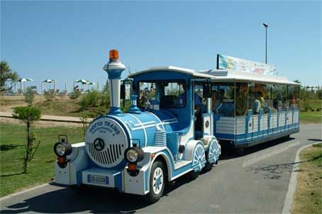 Un trenino turistico azzurro e bianco su una strada in un parco.