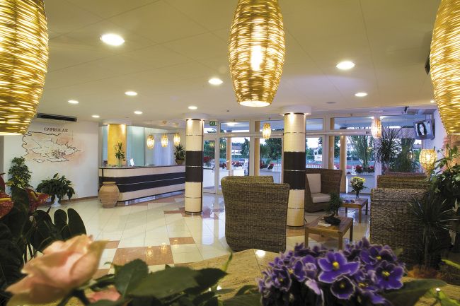Hall con divani di vimini, fiori colorati e lampade sospese intrecciate.