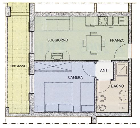 Piantina di un appartamento con soggiorno, pranzo, camera, bagno e terrazza.