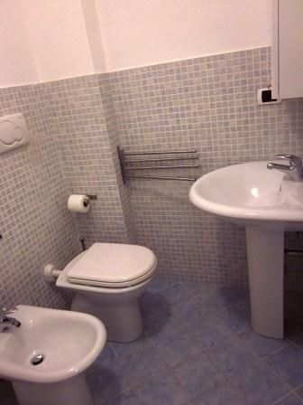 Bagno con sanitari, lavabo su piede, piastrelle quadrate grigie su pavimento e pareti.