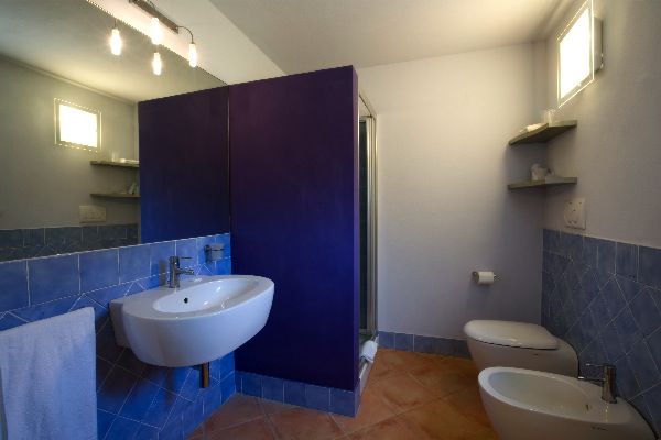 Bagno con lavabo sospeso, bidet e doccia. Pareti blu e piastrelle beige.