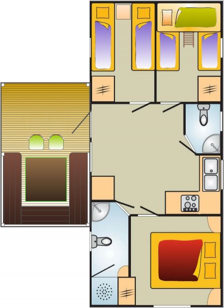 Piantina di una casa mobile con camere da letto, bagno e angolo cottura.