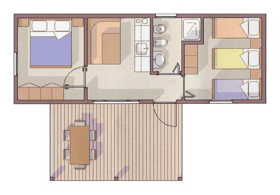 Planimetria di un appartamento con due camere da letto, bagno e area soggiorno-pranzo esterna.