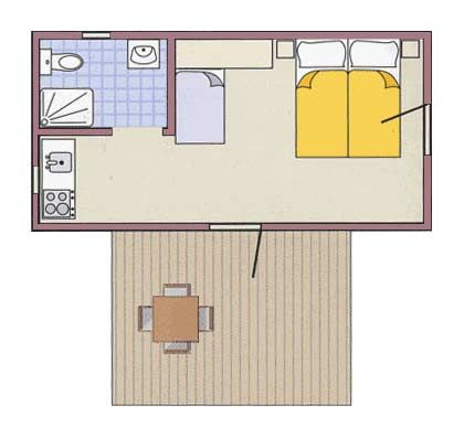 Piantina di una casa mobile con un bagno, cucina, camera matrimoniale e terrazza esterna.