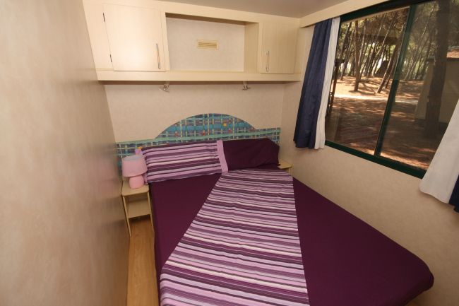 Stanza con letto matrimoniale e finestra con vista alberi.