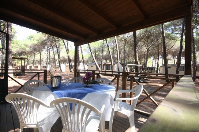 Tavola con sedie su veranda in mezzo al bosco.
