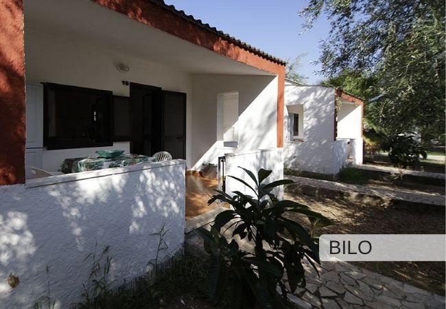 Veranda di un bungalow con piante intorno.