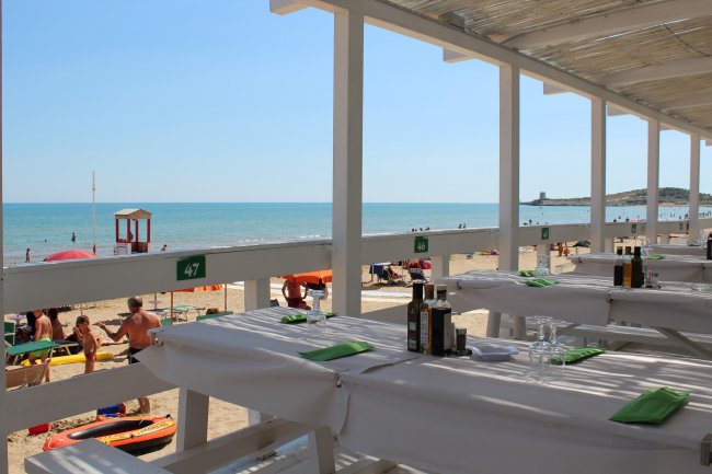 Vista spiaggia con tavoli apparecchiati, mare e bagnanti sullo sfondo.