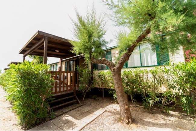 Esterno di una casa mobile con veranda e alberi.