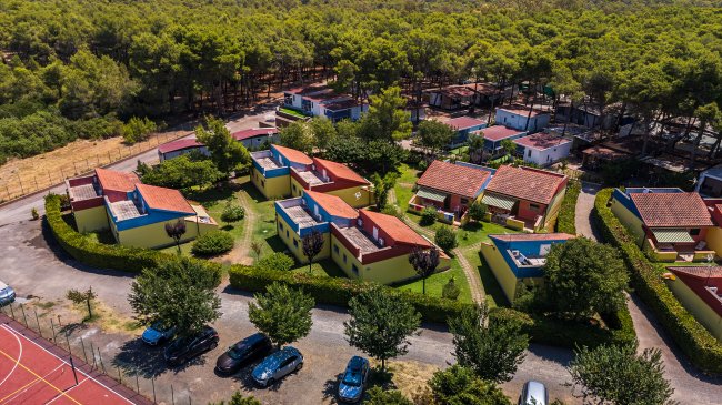 Complesso di case gialle e rosse tra alberi.